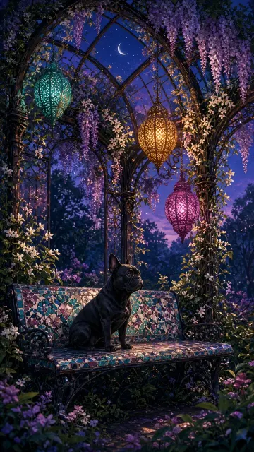 Twilight Garden Pavilion Matte Painting with French Bulldog Companion