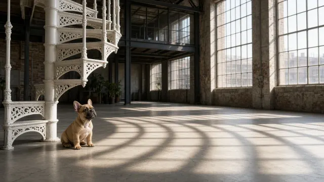 Sun-Drenched Spiral Staircase with French Bulldog Puppy at the Base