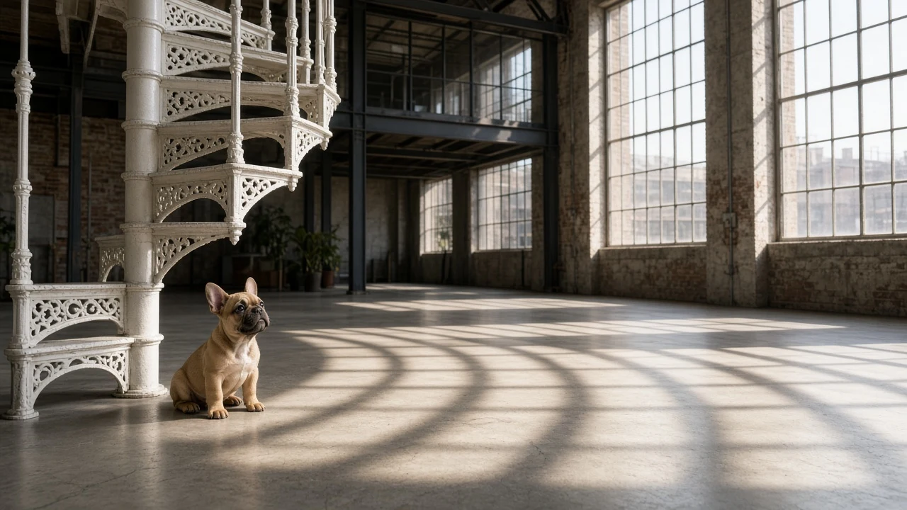 Sun-Drenched Spiral Staircase with French Bulldog Puppy at the Base