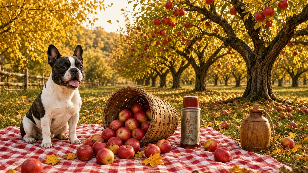 Autumn Orchard Apple Harvest Picnic with Pied Frenchie