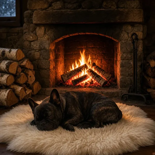 Cozy Winter Fireplace Hearth with Sleeping Brindle Bulldog
