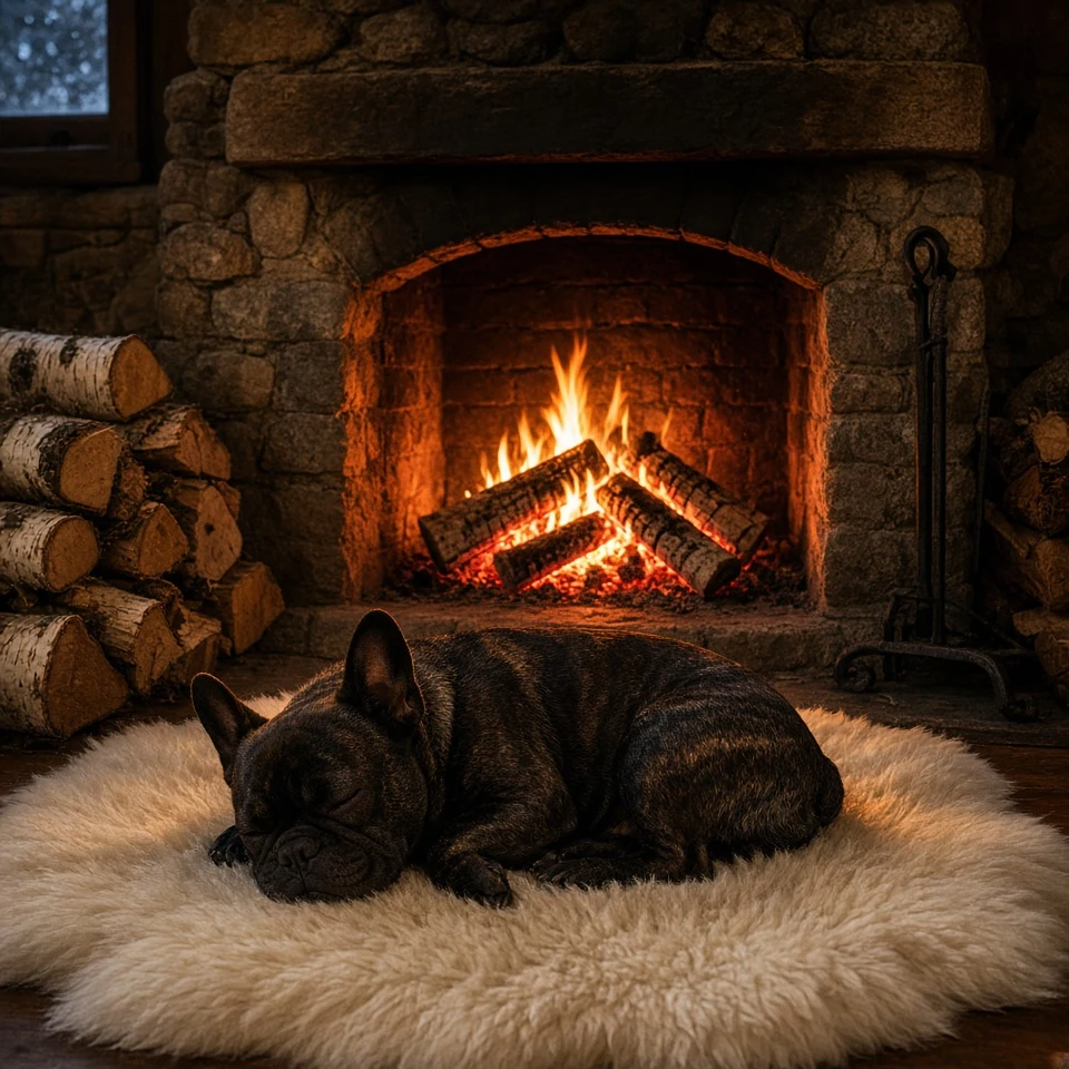 Cozy Winter Fireplace Hearth with Sleeping Brindle Bulldog