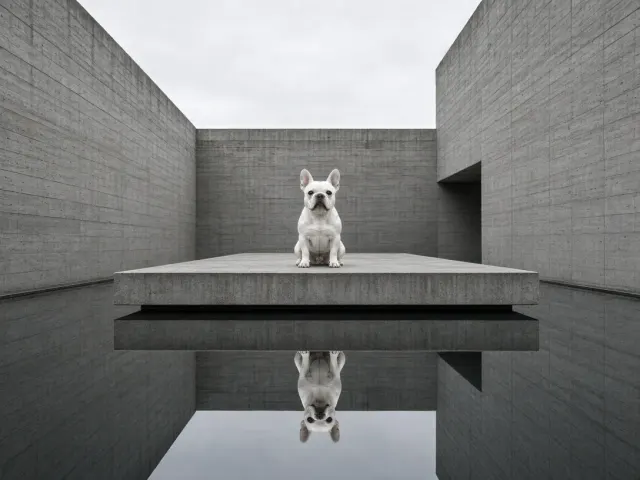 Minimalist Brutalist Architecture Courtyard with French Bulldog