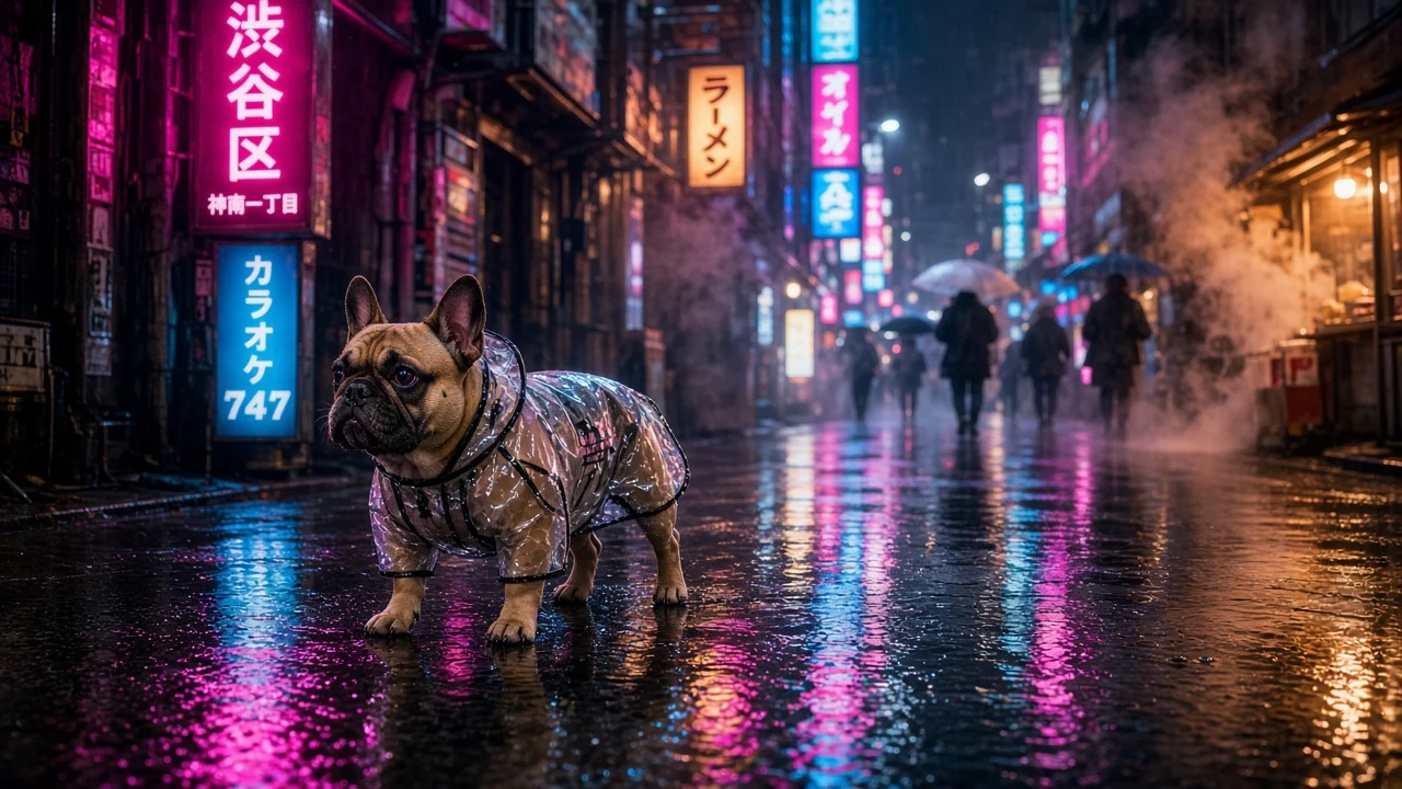 Neon-Lit Tokyo Night Rain Candid with Streetwear French Bulldog