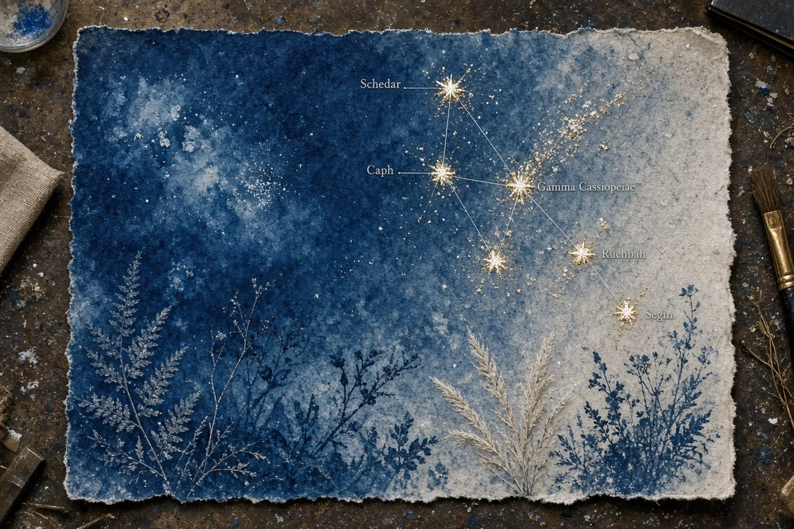 Cyanotype Botanical and Stellar Cassiopeia Composition