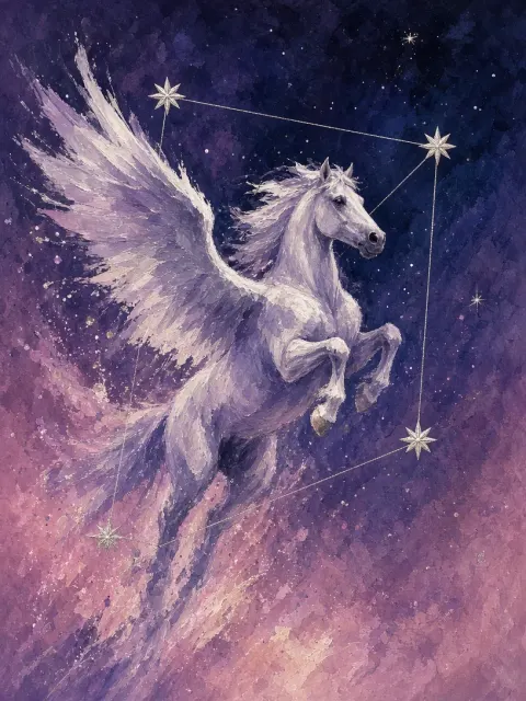 Pegasus Galloping Through Cosmic Dusk in Gouache
