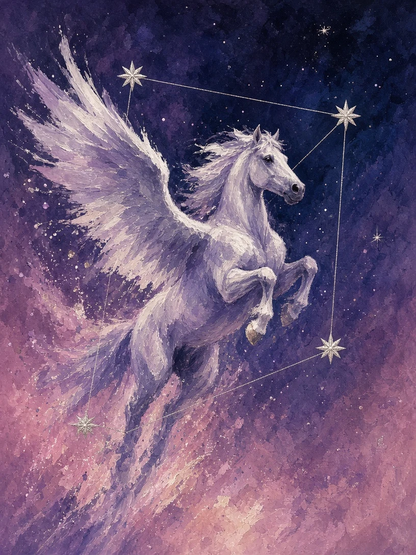 Pegasus Galloping Through Cosmic Dusk in Gouache