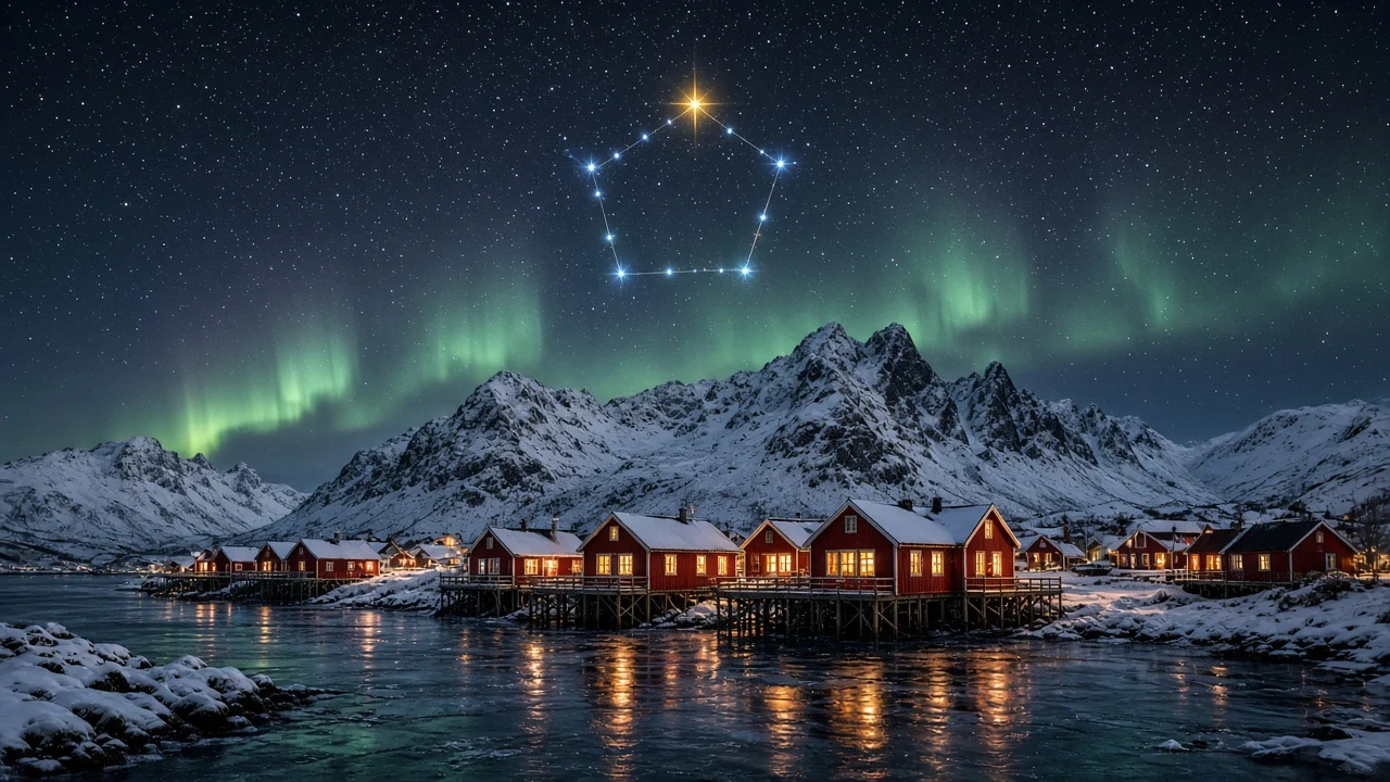 Auriga and Capella Over Snowy Lofoten Rorbu Cabins