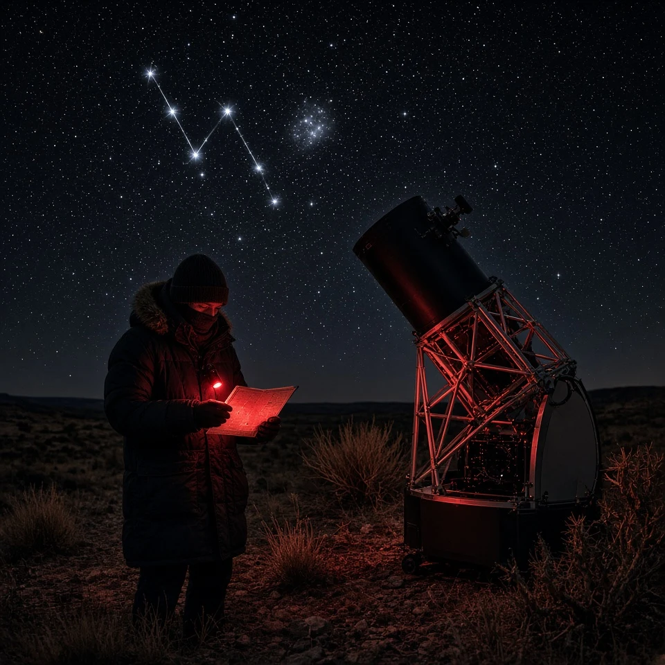 Astronomer Observing Cassiopeia with Large Dobsonian Telescope
