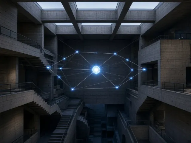 Neon Wire Sculpture of Lyra in Brutalist Atrium