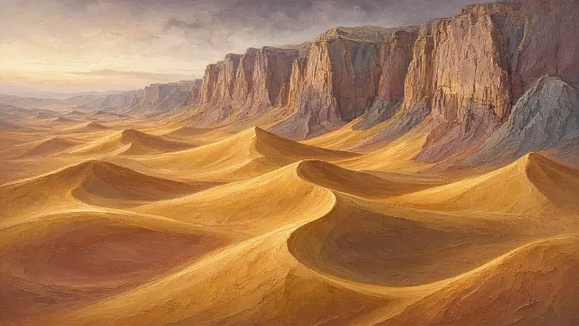 Encaustic Wax Panorama of Sculpted Sand Dunes and Sandstone Bluffs