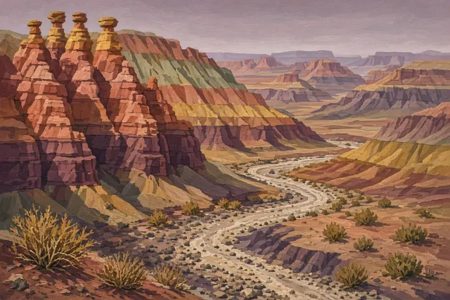 Graphic Matte Gouache Study of Desert Hoodoos and Dry Washes