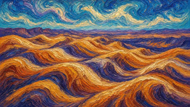 Post Impressionist Swirling Ochre Ridges and Violet Shadows
