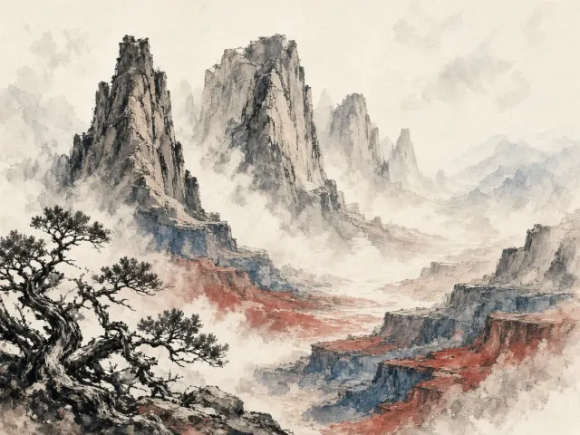 Sumi Ink and Mineral Wash Desert Buttes in Mist
