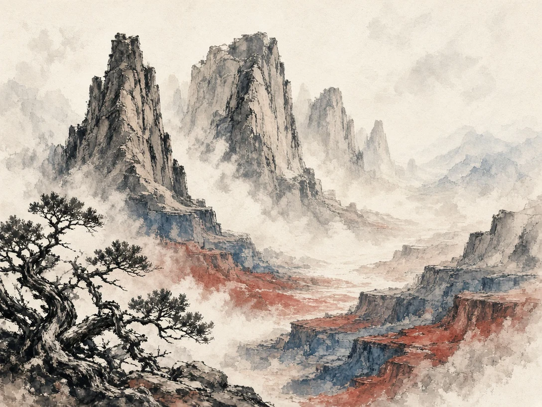 Sumi Ink and Mineral Wash Desert Buttes in Mist