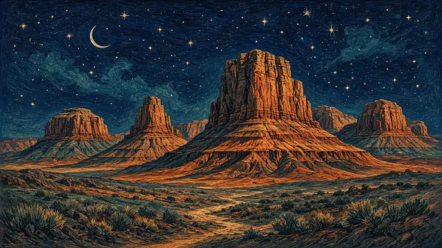 Woodblock Relief Print Aesthetic of Moonlit Desert Buttes