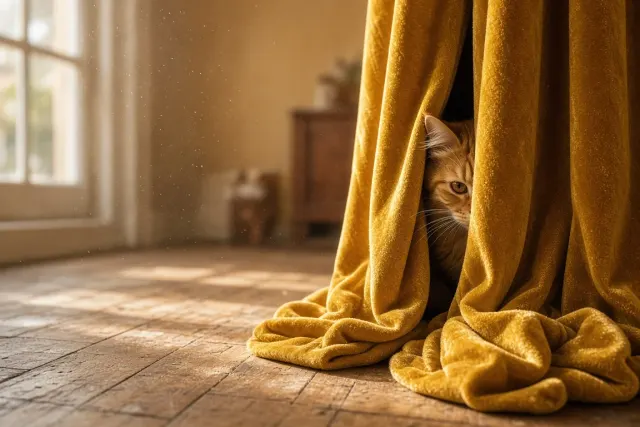 Ginger Tabby Peeking Through Mustard Velvet Drapery