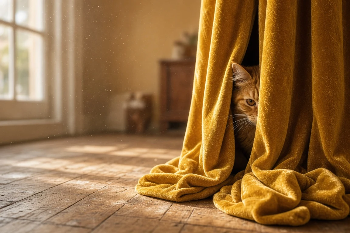 Ginger Tabby Peeking Through Mustard Velvet Drapery