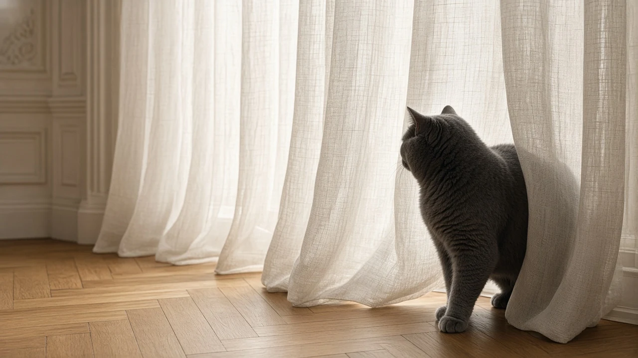 British Shorthair Silhouette Behind Sheer Translucent Linen