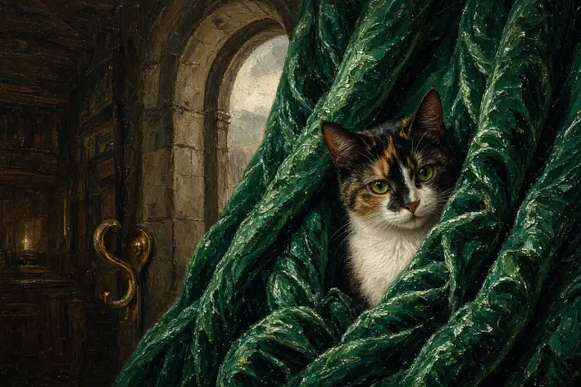 Calico Mischief in Emerald Drapery Oil Portrait