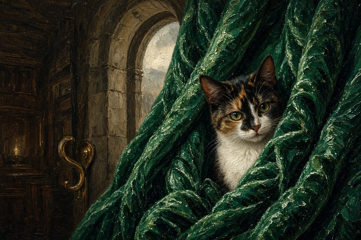 Calico Mischief in Emerald Drapery Oil Portrait