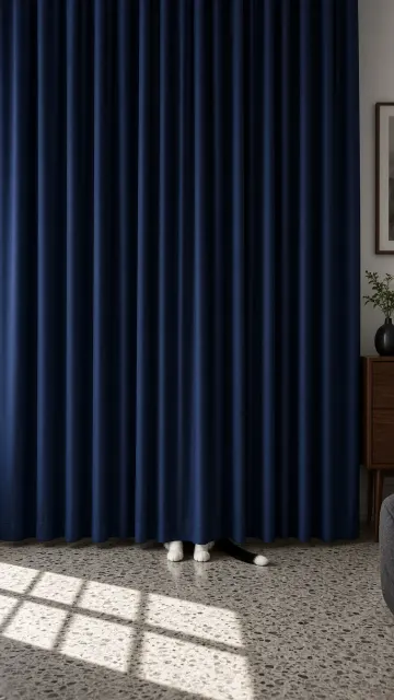 Tuxedo Cat Tail and Mitten Paws under Midnight Drapes