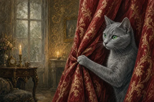 Russian Blue Peering from Vintage Crimson Damask