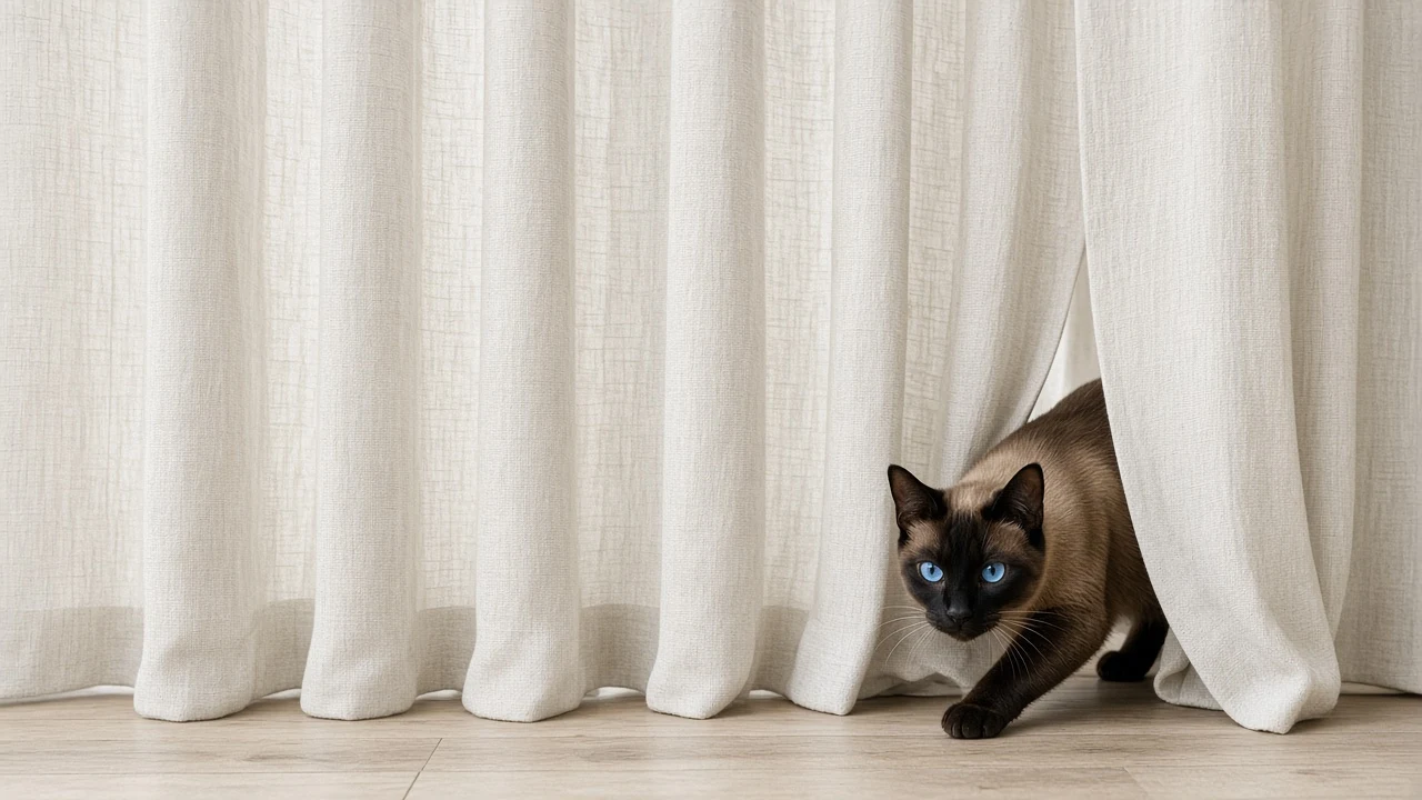 Siamese Cat Stalking Behind Pleated Off-White Linen