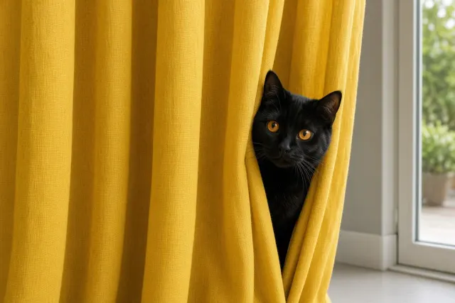 Bombay Cat Emerging from Saffron Yellow Drapery