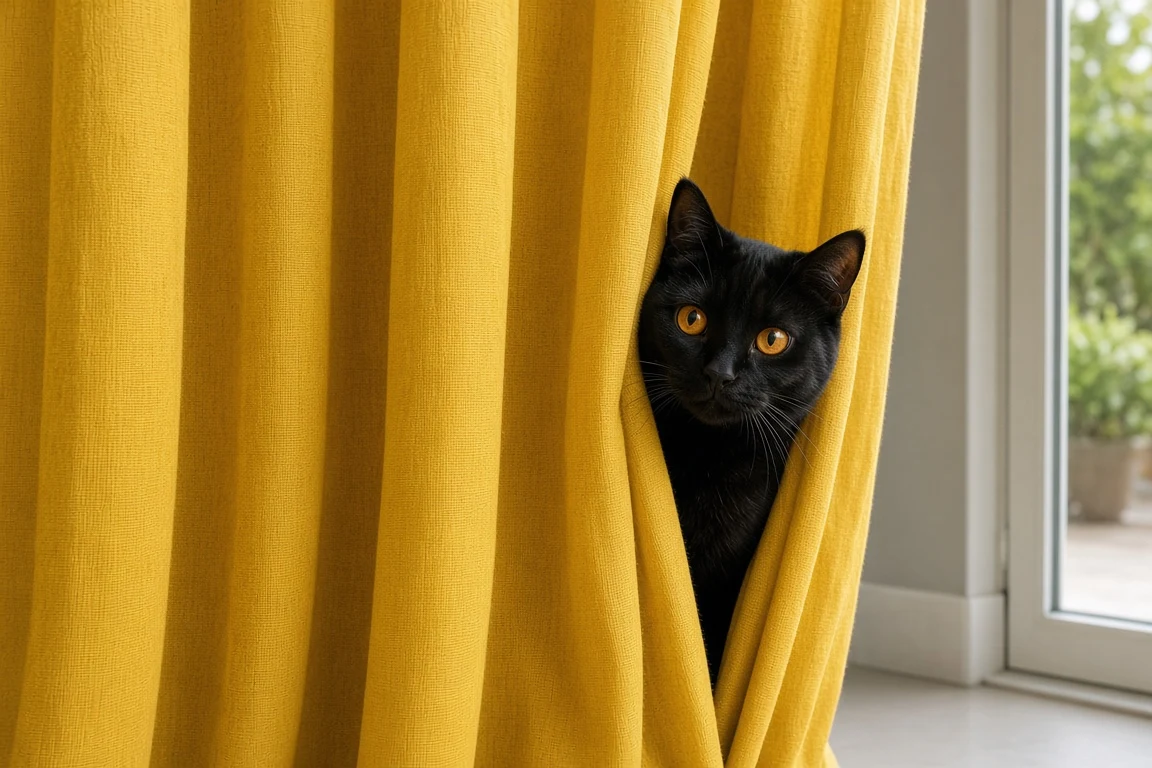 Bombay Cat Emerging from Saffron Yellow Drapery