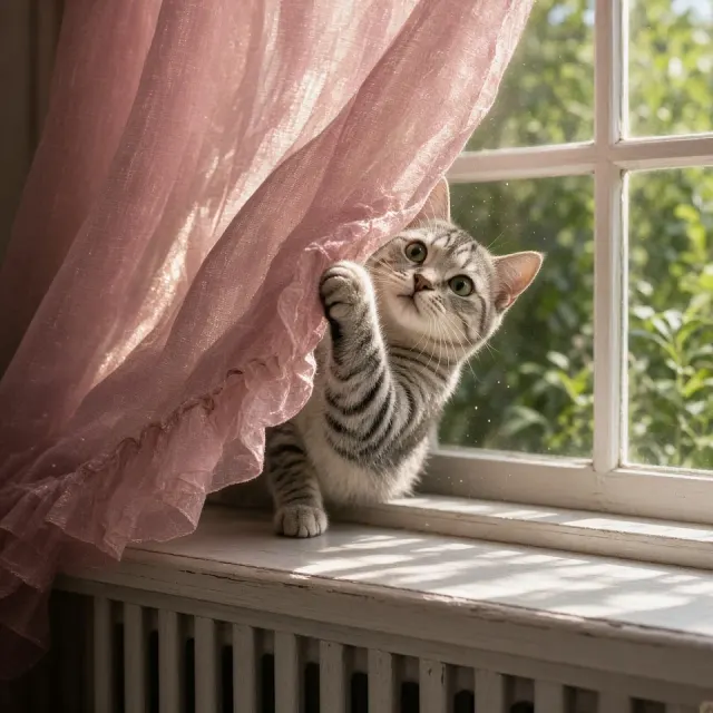 Silver Tabby on Radiator Bench Behind Billowing Silk