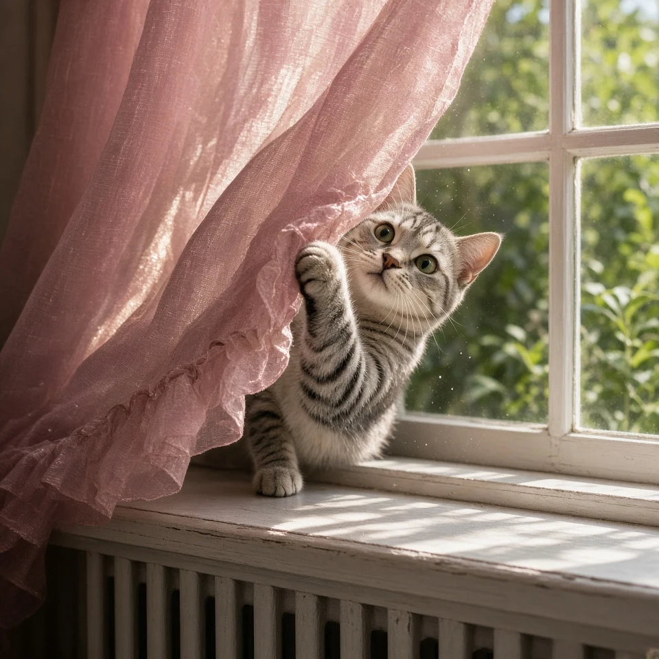 Silver Tabby on Radiator Bench Behind Billowing Silk
