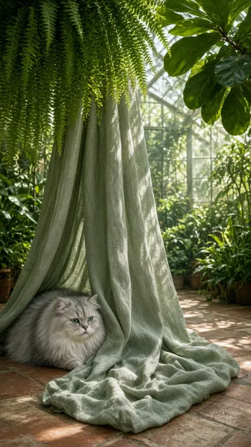 Persian Cat Sunbathing in Sage Green Conservatory Drapes