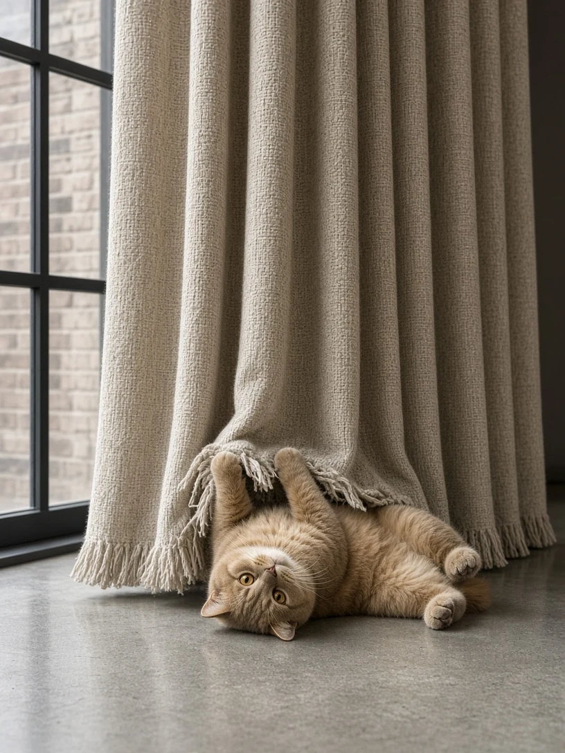 Golden British Shorthair Batting at Oatmeal Tweed Hem