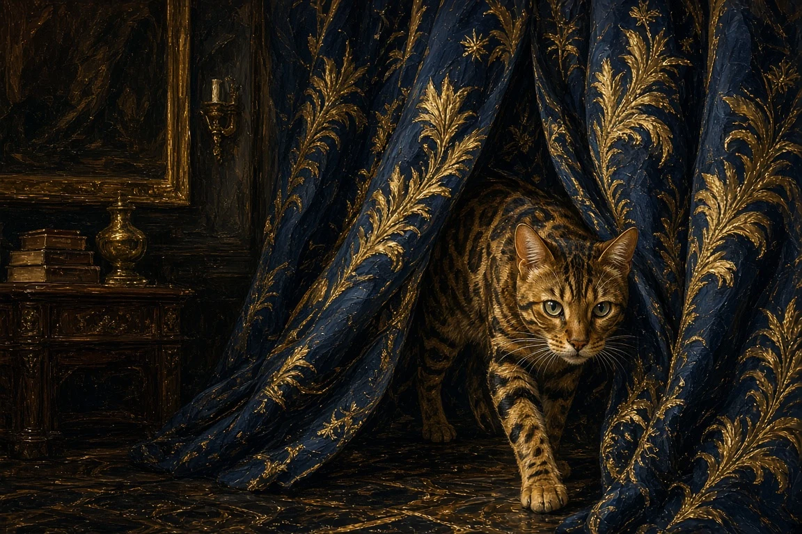 Bengal Cat Prowling Through Indigo Jacquard Tapestry