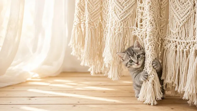Gray Tabby Kitten Clinging to Ivory Macrame Curtain