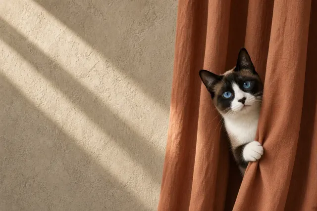 Snowshoe Cat Peeking Behind Terracotta Cotton Twill