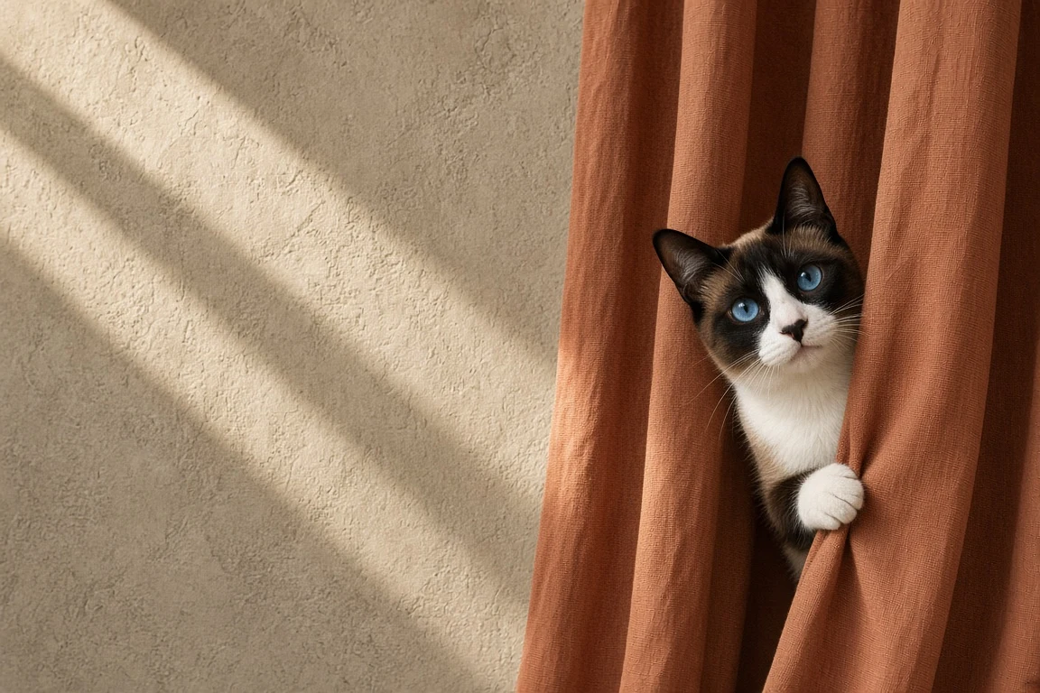 Snowshoe Cat Peeking Behind Terracotta Cotton Twill