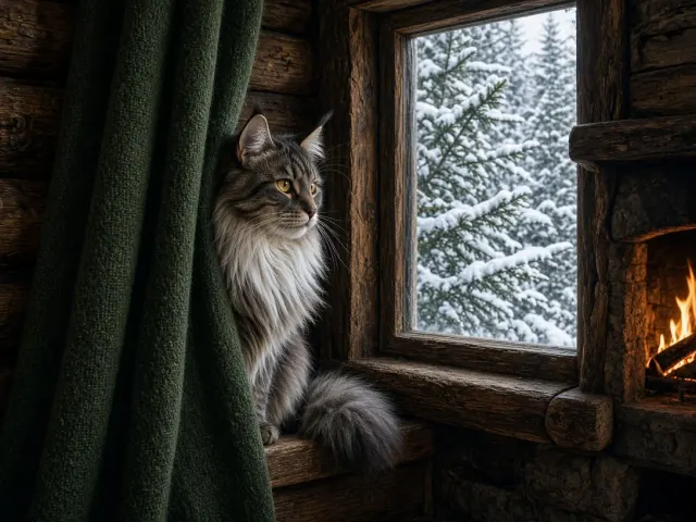 Norwegian Forest Cat in Rustic Cabin Wool Drapes