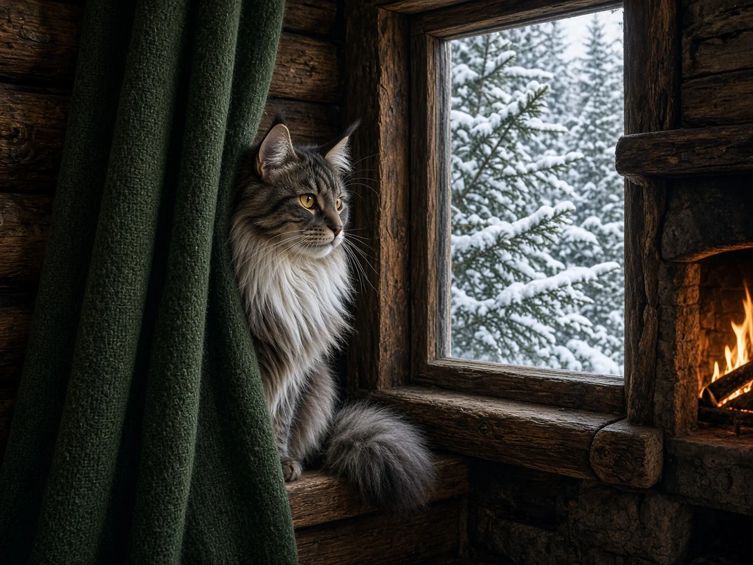 Norwegian Forest Cat in Rustic Cabin Wool Drapes