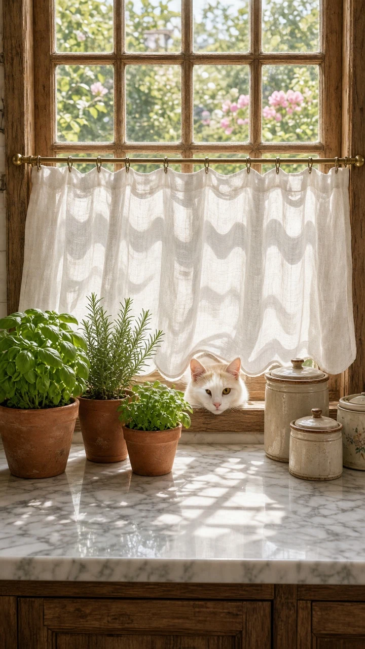 Cream Bicolor Slinking Behind Farmhouse Cafe Curtains