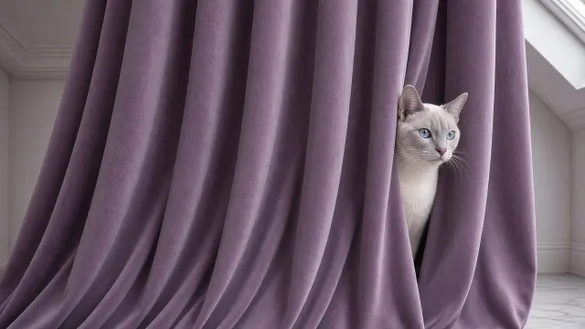 Lilac Point Siamese Behind Dusty Lavender Velvet