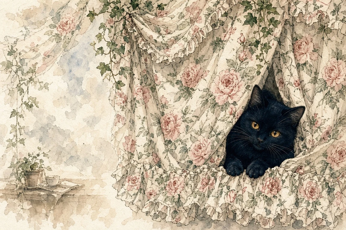 Black Cat in English Chintz Watercolor Illustration