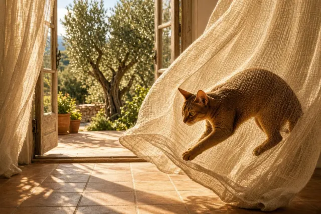 Abyssinian Stalking Through Sheer Billowing Bamboo Drape