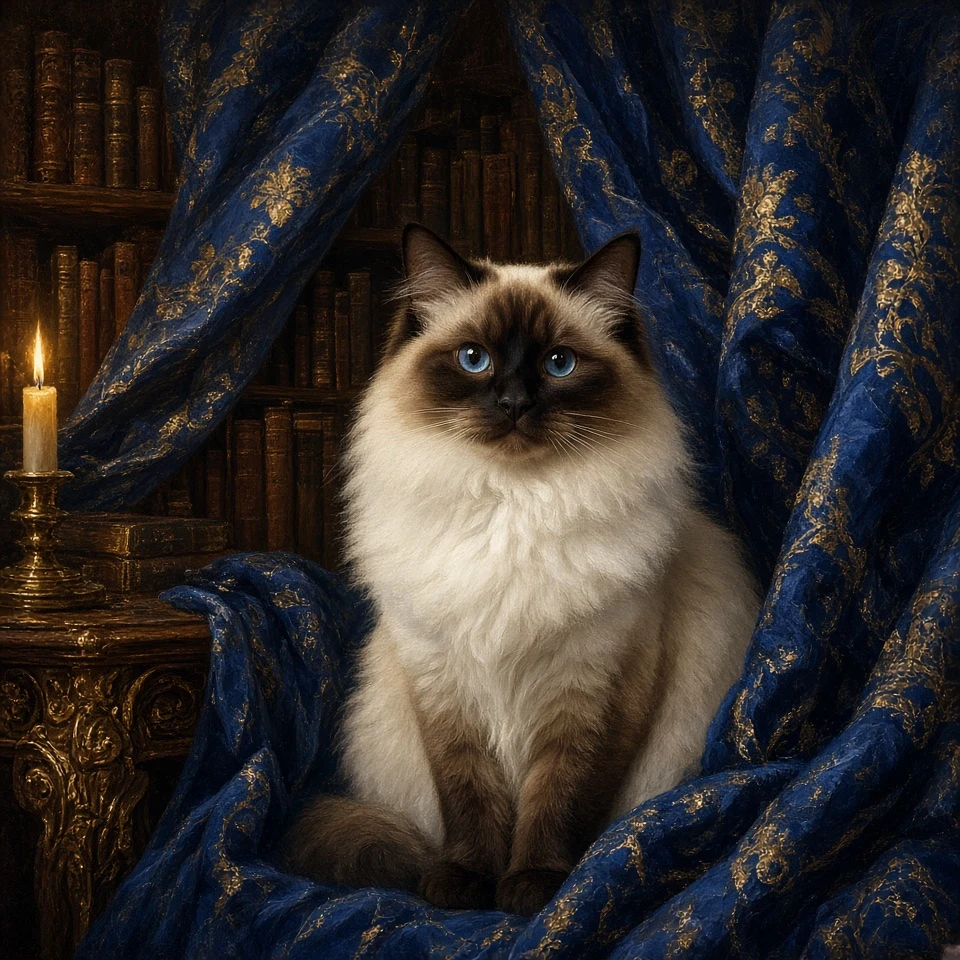 Ragdoll Cat in Royal Blue Brocade Classical Oil Painting