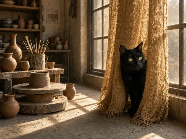 Black Cat in Pottery Studio Behind Coarse Burlap Drapes