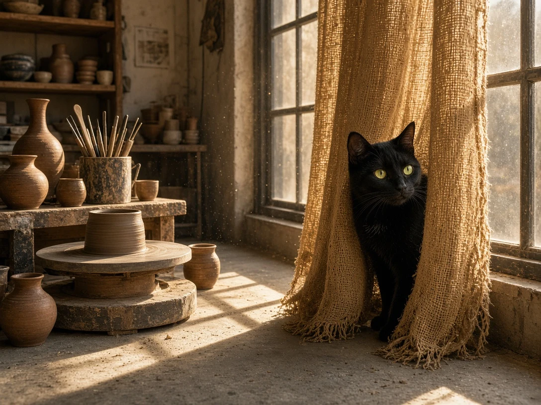 Black Cat in Pottery Studio Behind Coarse Burlap Drapes