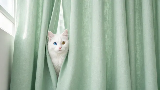 Turkish Angora Odd-Eyed Peek Through Pastel Mint Linen