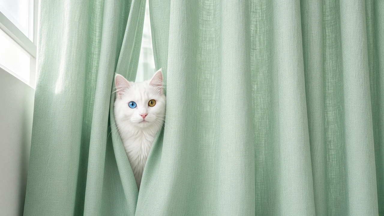 Turkish Angora Odd-Eyed Peek Through Pastel Mint Linen