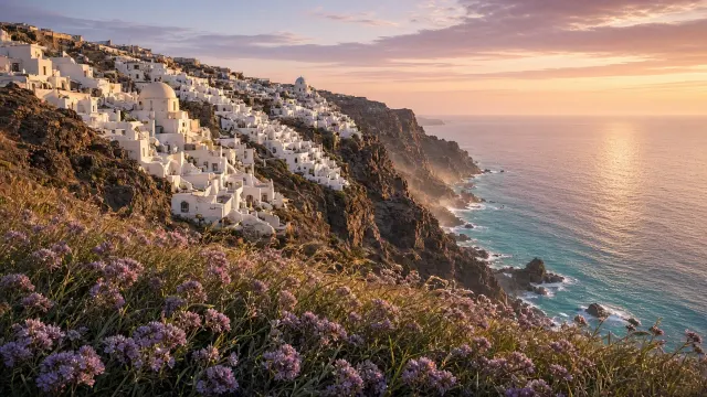 Panoramic Cliffside Whitewashed Settlement at Sunset